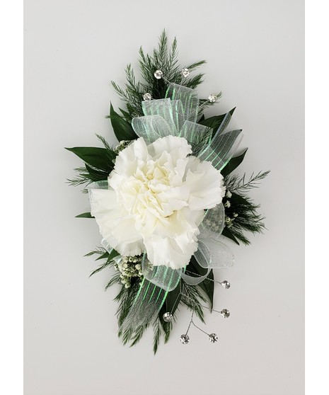 A large carnation corsage in your choice of color on a iridescent bow. Includes keepsake Rhinestone wristlet, crystal pins, and accents!