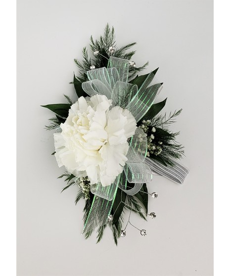 A large carnation corsage in your choice of color on a iridescent bow. Includes keepsake Rhinestone wristlet, crystal pins, and accents!