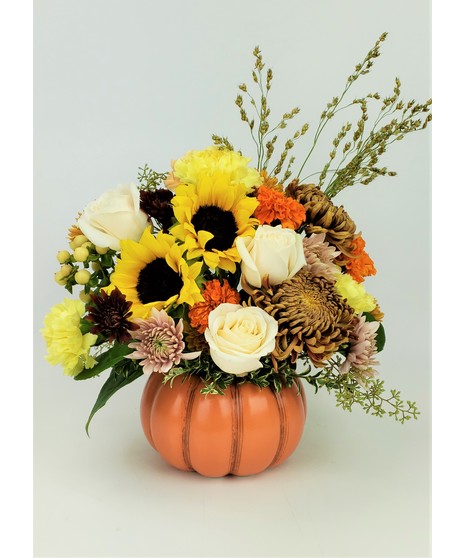 Grab these festive fall flowers in a keepsake ceramic pumpkin vase. A fun spirited autumn gift for any location.