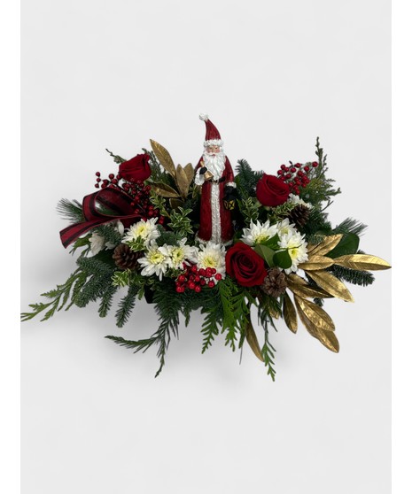 Traditional floral design with  red carnations and white mums. Fresh winter greens accent this hand painted keepsake.