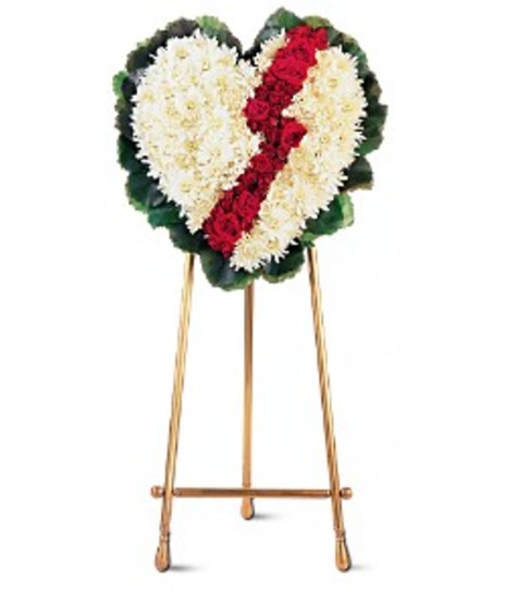 Solid white heart made of chrysanthemum featuring a rose accent. Approximate size of the standard design is 18