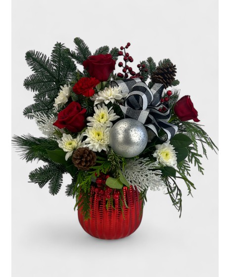 Create a new happy memory for the winter season! Roses, carnation and seasonal textures designed in a glass vase filled with red, silver, and grey accents. 