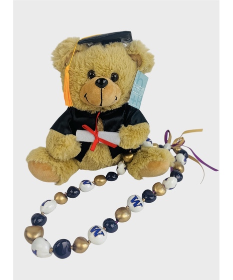 Graduation Bear with Kukui Nut Lei - 25 Custom Schools Available to choose from!