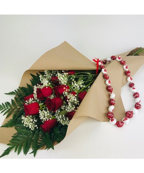 Presentation Rose Bouquet with Kukui Nut Lei