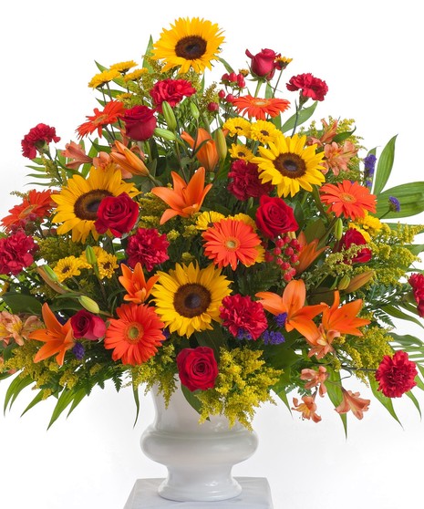 A bright mix of orange, red, and yellow flowers including , roses, carnations, and sunflowers designed in a white container. Approximate size is 24