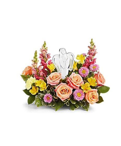  yellow gladioli, lavender daisy spray chrysanthemums, pink carnations and solidago accented with assorted greenery.