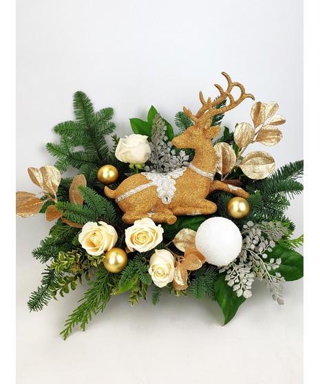 Let it snow with this lovely winter scene featuring a fine quality keepsake ivory Deer with pewter and gold accent.