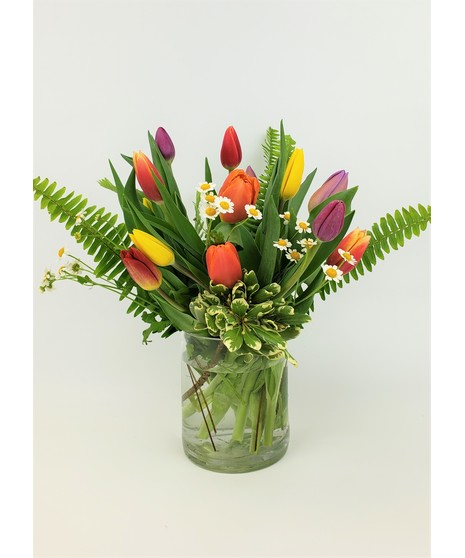 fresh bright mix of local tulips in a hanging mason jar lantern with natural fiber rope handle. accented with a butterfly. Color will vary
